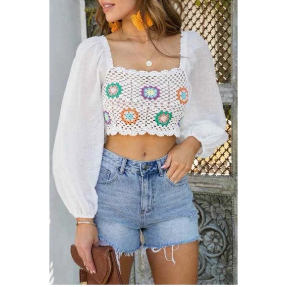 AERIE CROCHET MIDI TOP BALLOON SLEEVES WHITE PASTEL COLORS SIZE MEDIUM PERFECT - Picture 1 of 8